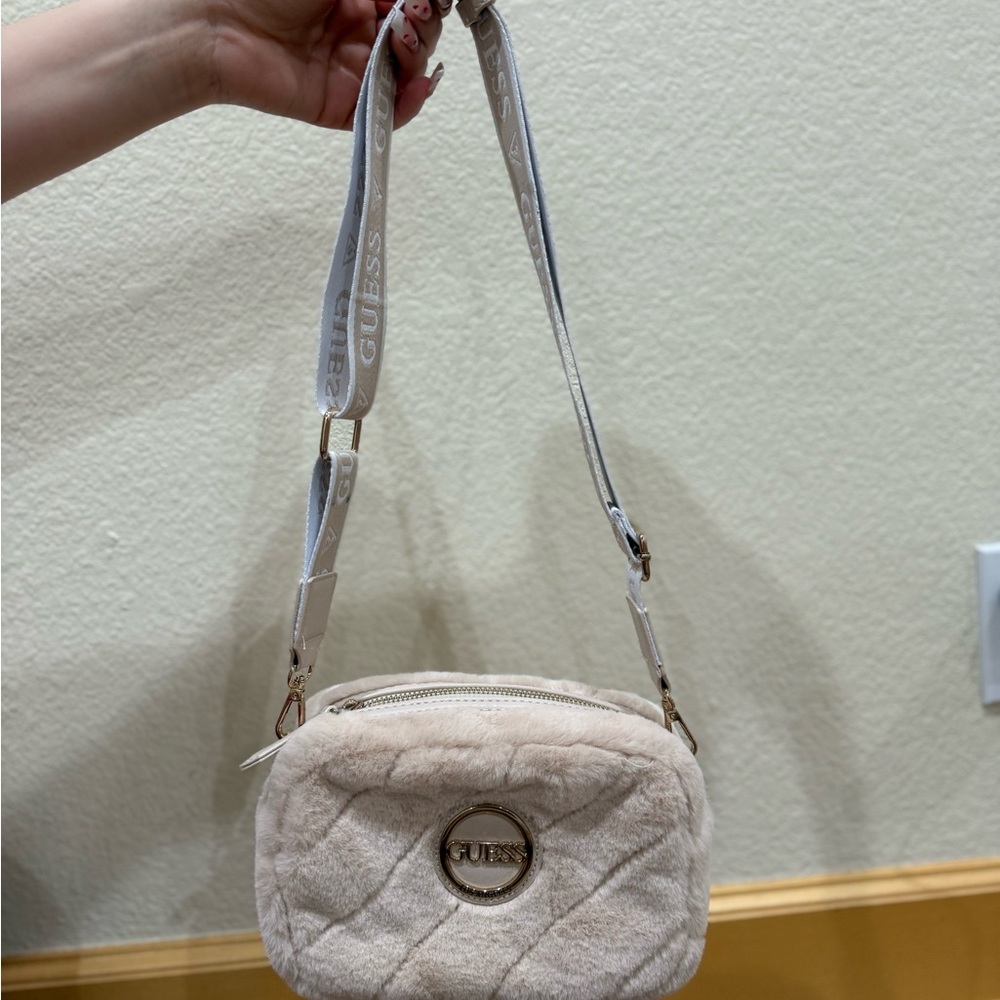 Guess Cream Faux Fur Quilted Crossbody Bag with Adjustable Strap